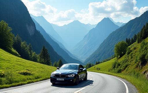 Ein Auto fährt durch eine malerische Landschaft in Österreich